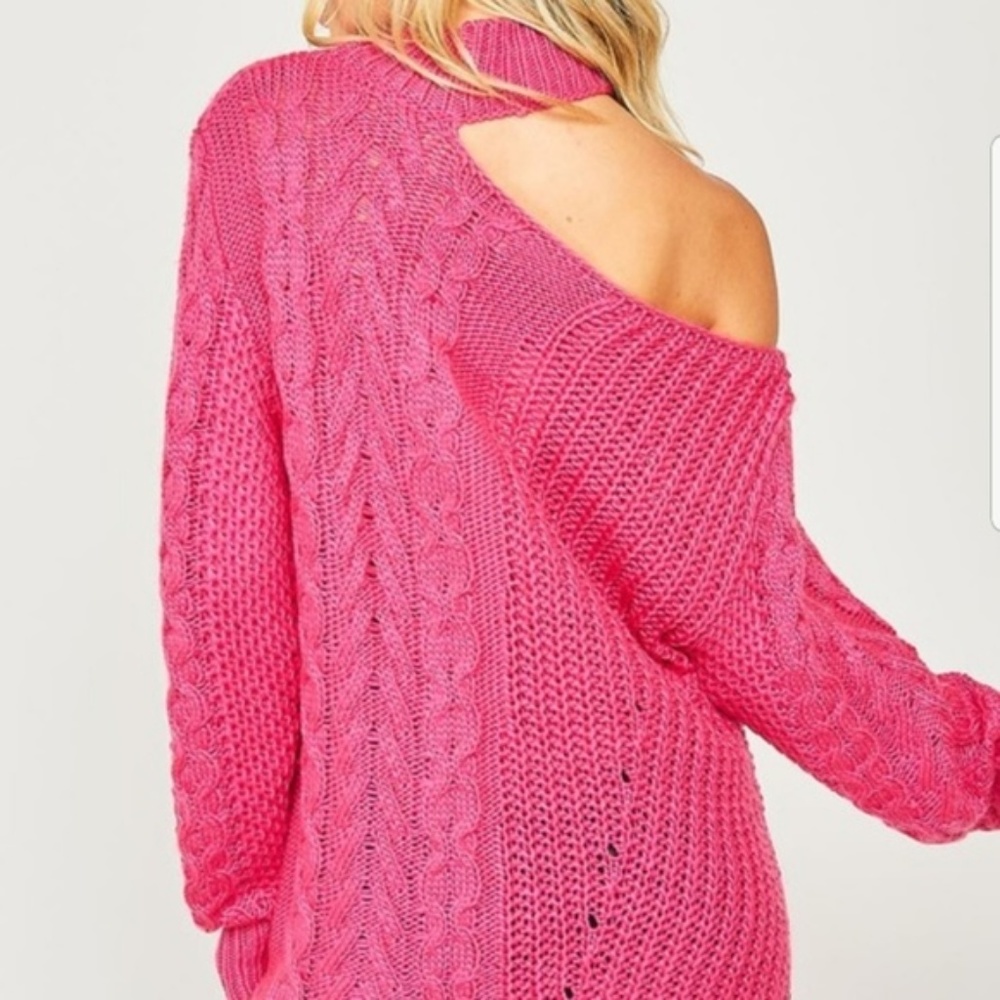 NWT One Shoulder Mock Neck Cable Knit Sweater in Tan, S - Picture 4 of 9